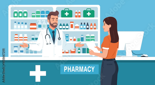 Pharmacist at the drugstore counter advising a female patient with a prescription. Vector illustration of a pharmacy interior with medicines.