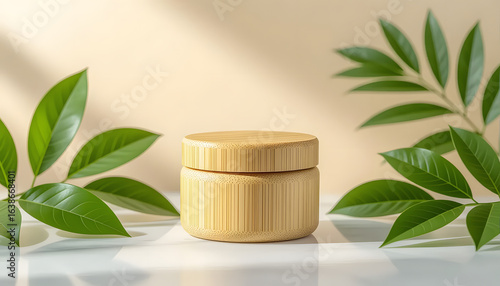 small, textured bamboo jar sits centrally, framed by lush green leaves and dappled sunlight creating a serene, natural aesthetic