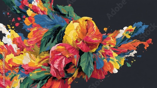 Vibrant abstract floral composition with colorful petals and leaves on a dark background
