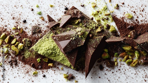 Wallpaper Mural Broken dark chocolate pieces, scattered pistachio nuts, cocoa powder, and matcha powder on a white surface Torontodigital.ca