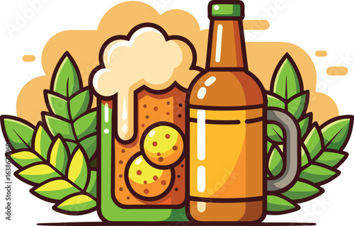 Cartoon illustration of beer mug and bottle with hop leaves isolated on white background, in colorful style