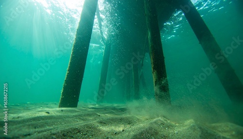 Underwater Chaos. An ultra-realistic underwater photograph from within a rip current. The water is murky with sand and bubbles, and the sunlight from above is diffused and chaotic.
