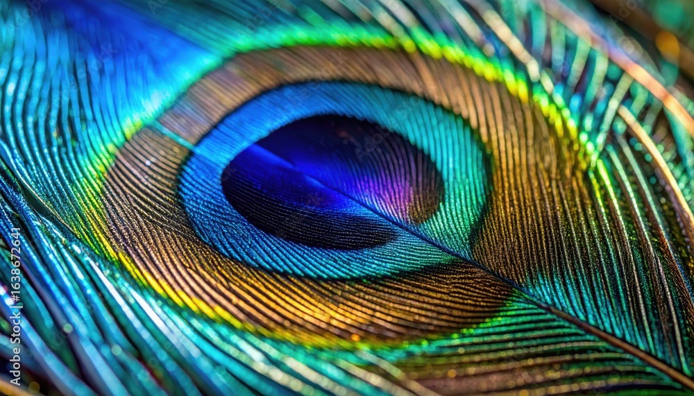 Naklejka premium Peacock Feather: A Spectrum of Colors in Macro Detail