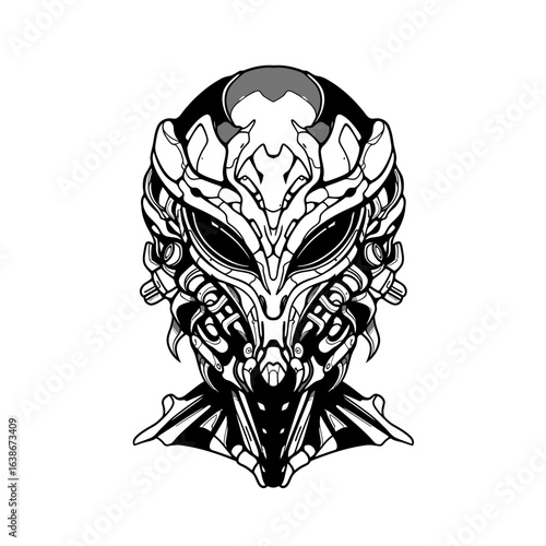 Monochrome illustration of a futuristic biomechanical alien warrior head with a complex sci-fi mask.