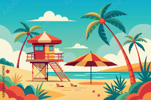 A tropical beach scene with palm trees, lifeguard tower, and umbrella, creating an idyllic and tranquil vacation paradise