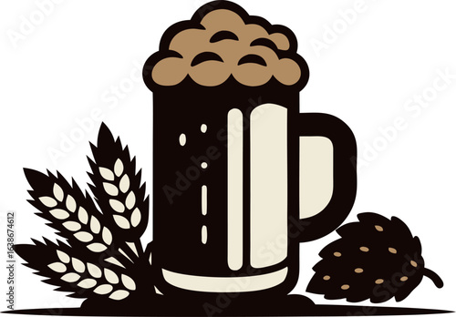 Illustration of a beer mug with wheat and hop isolated on white background for brewery concept