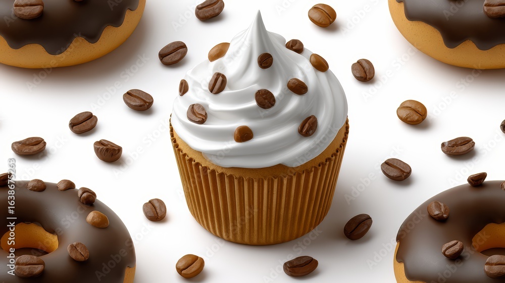 Fototapeta premium Cupcake with a white frosting and chocolate sprinkles on top. The cupcake is surrounded by a few chocolate donuts