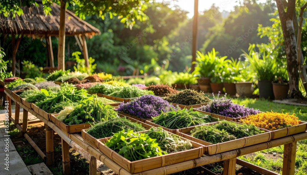 Fototapeta premium Assorted Thai Herbs on Display in a Garden