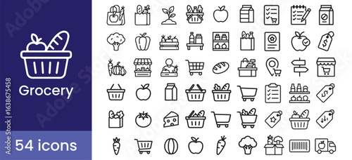 Grocery and supermarket icon set with 54 line style icons including basket, cart, shopping, food, fruit, vegetable, milk, and bread symbols for retail apps and ecommerce design

