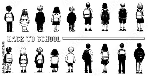 School's Boundless Promise: Capturing the anticipation of learning, this black and white illustration features children with backpacks, poised at the threshold of discovery.