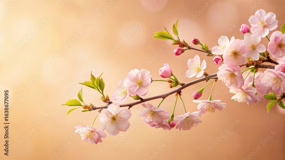 Fototapeta premium A delicate cherry blossom branch with soft pink petals and a few green leaves, set against a warm beige background, evoking a sense of springtime serenity , beige, garden