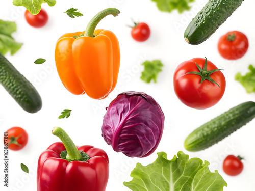 Assorted fresh vegetables floating in a white background including peppers cucumbers and tomatoes