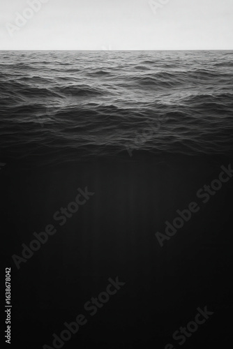 Black and white vertical cutaway of the ocean: textured wave surface above and a deep, dark water column below, atmospheric and moody with generous copy space.