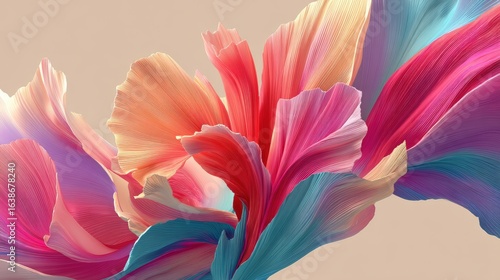 Vibrant, flowing abstract floral design with soft pastel colors on a neutral background