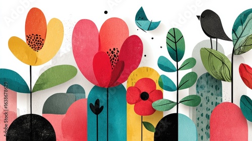 Wallpaper Mural Vibrant illustration of stylized flowers and leaves with birds in a colorful garden setting Torontodigital.ca