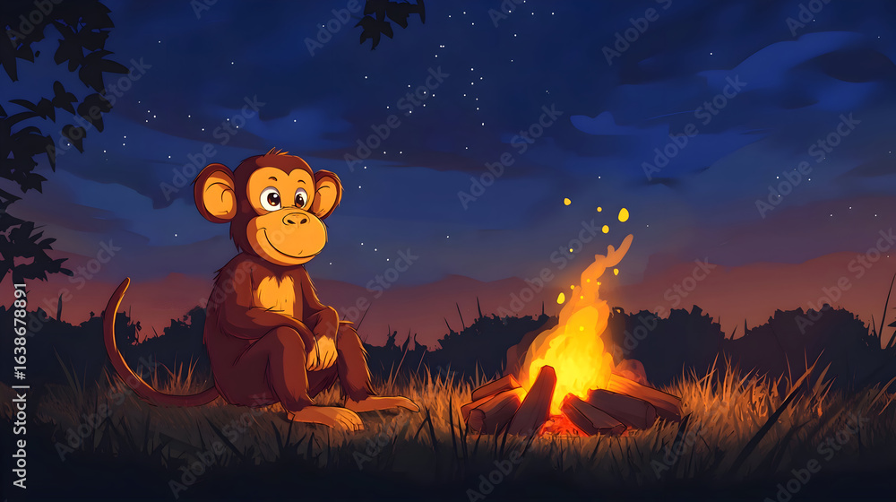 Fototapeta premium Monkey sitting by campfire at twilight