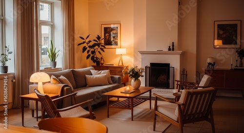 Wallpaper Mural Warm Interior: Cozy Living Room with Fireplace, Soft Lighting, and Mid-Century Modern Furniture Torontodigital.ca