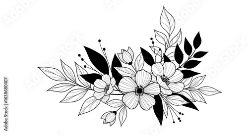 An elegant hand-drawn floral arrangement with detailed blossoms and leaves, rendered in a black and white line art style.
