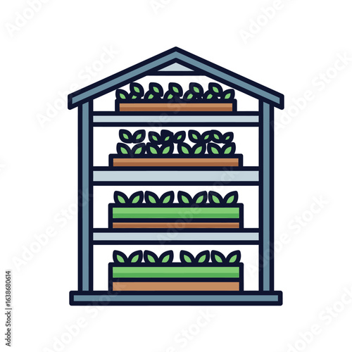 An illustrative icon depicting a modern vertical farming system, showcasing multiple levels of indoor plant cultivation for sustainable urban agriculture solutions.