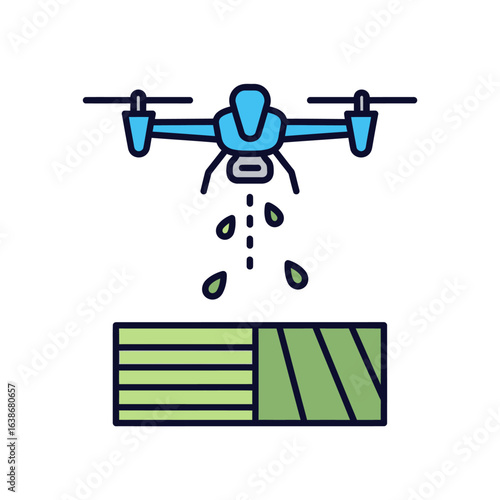 An innovative drone utilizes advanced technology to precisely distribute seeds or nutrients over a cultivated field, symbolizing modern smart farming practices.