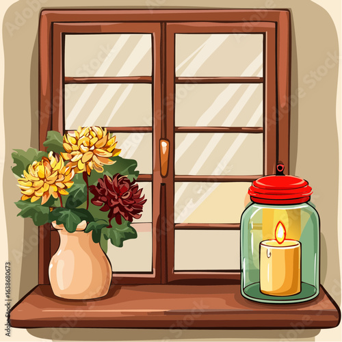 cozy autumn window sill — commercial-use SVG vector illustration with fall décor