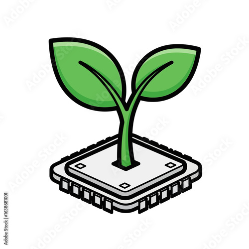 A vibrant green plant sprouts from a modern computer chip, symbolizing the innovative fusion of natural growth and advanced technology for a sustainable future.