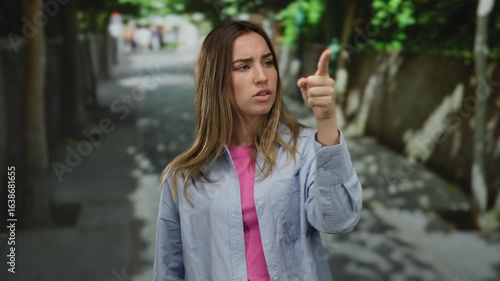 Wallpaper Mural Woman pointing outdoors on a tree-lined street, wearing a casual shirt and looking serious in a urban setting, capturing a moment of focus and direction. Torontodigital.ca