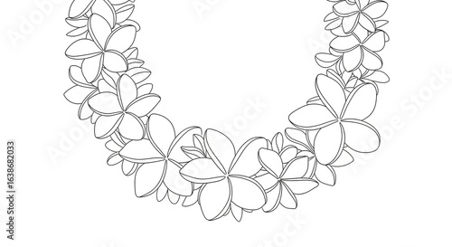 A beautiful black and white line art illustration of a traditional Hawaiian plumeria flower lei.
