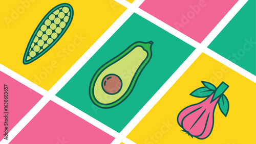 Corn avocado and radish flat illustration on colorful background