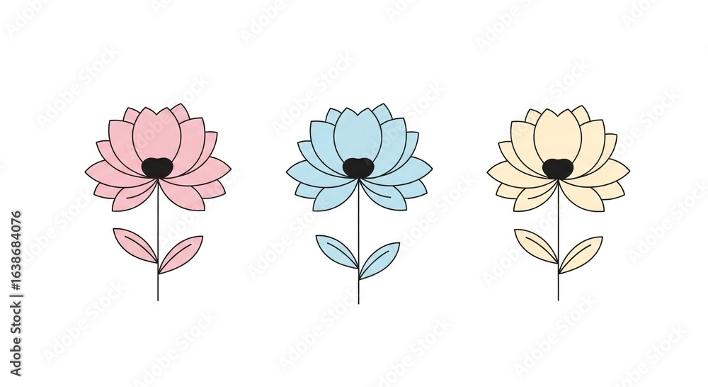 Fototapeta premium An illustration of three delicate flowers in a row, colored in pastel pink, blue, and cream.