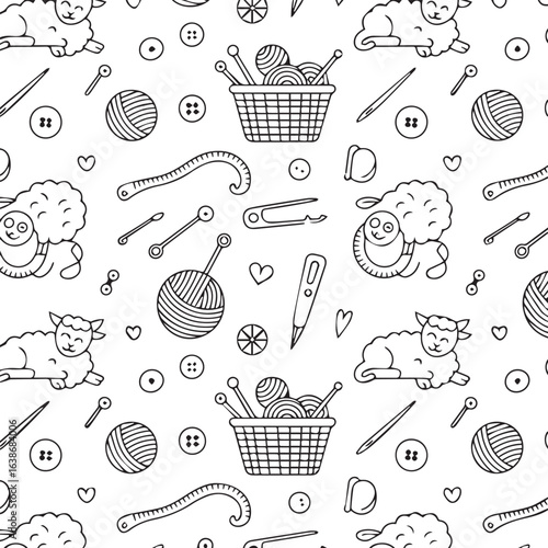 sheep and yarn seamless sewing craft pattern with knitting needles button tape pincushion seam ripper textile background