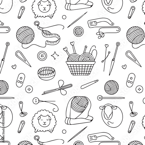 seamless needlework pattern with sheep yarn knitting needles pincushion seam ripper measuring tape vector background sew