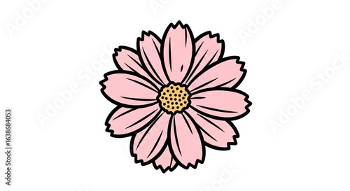 A simple illustration of a pink cosmos flower with a yellow center and bold black outlines.