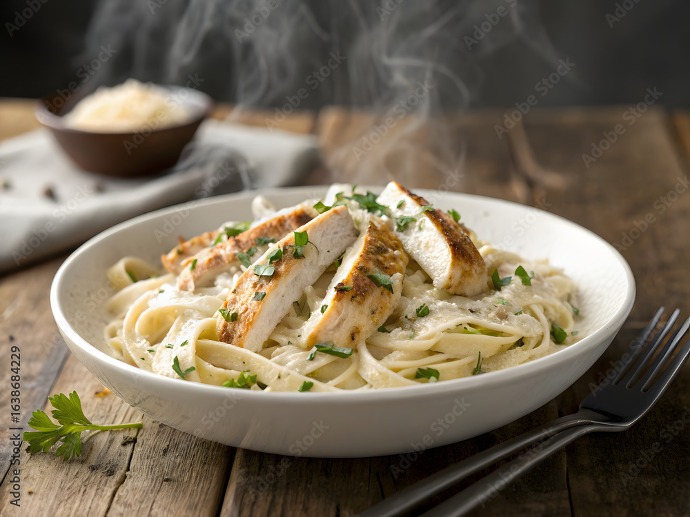 Fototapeta premium Delicious bowl of creamy chicken Alfredo fettuccine pasta, served hot with grilled chicken breast slices, garnished with fresh herbs on a rustic wooden table—perfect for illustrating Italian cuisine. 