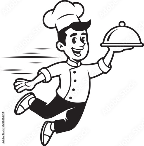 running chef mascot with serving tray smiling cook vector illustration for restaurant fast delivery and culinary service