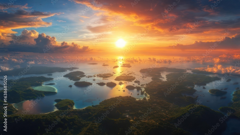 Obraz premium Aerial Majesty A Fiery Sunset Over a Labyrinth of Tropical Islands and Turquoise Waters.