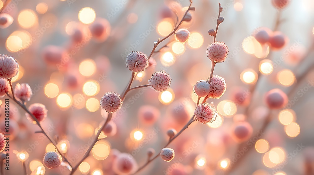 Delicate pink flowering branches against warm bokeh background with spring beauty. Delicate pink flowering branches against warm bokeh background with spring beauty.