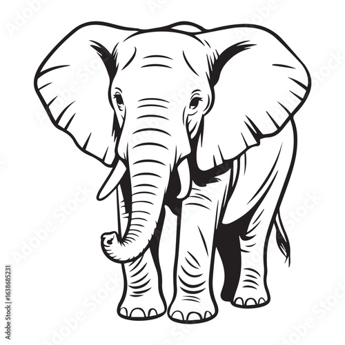 hand drawn black and white elephant with realistic textures and fine lines for nature and safari concepts
