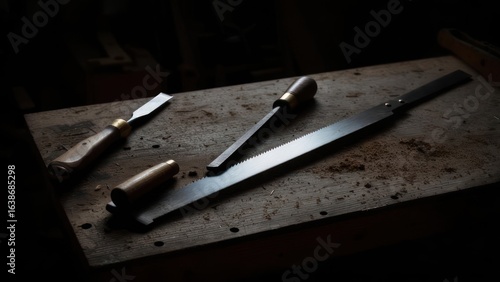Artisans Tools in Chiaroscuro Japanese Saw and Chisel on a Weathered Workbench.