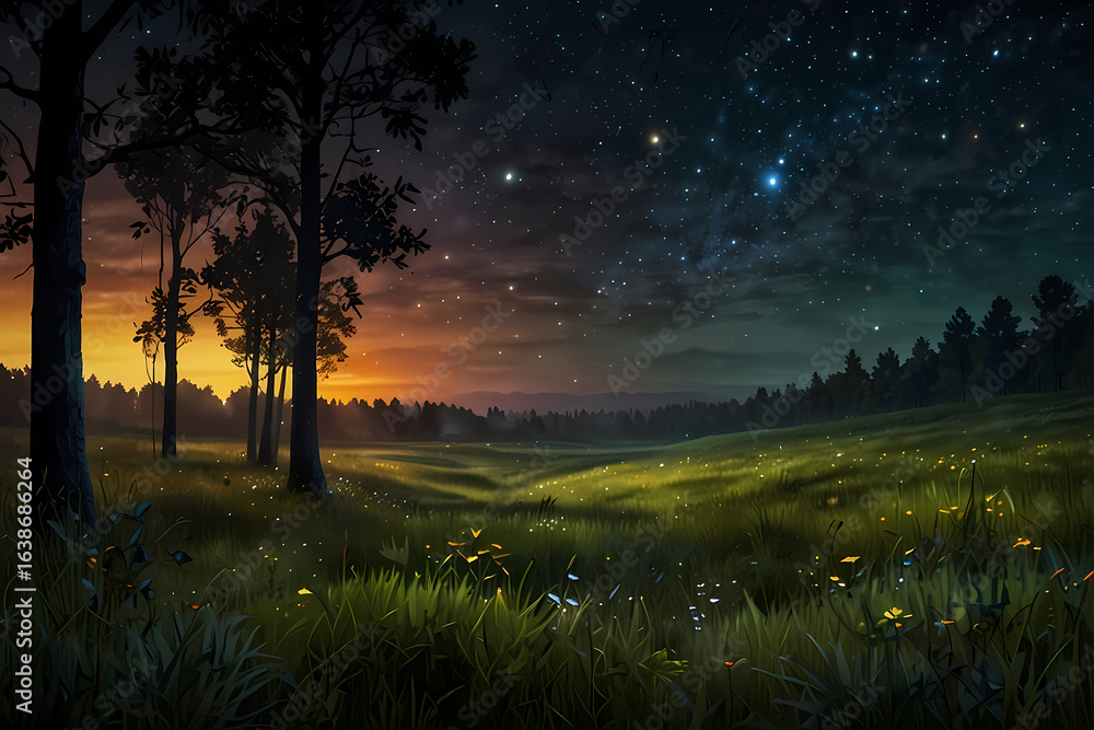 Fototapeta premium A night landscape with glowing Plant in a quiet meadow