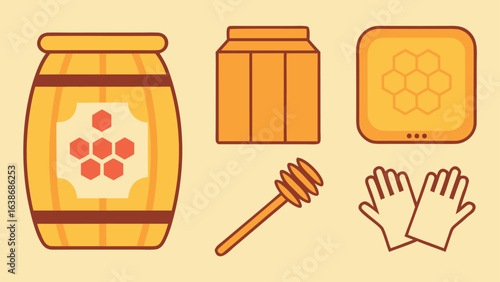 Honey barrel jar honeycomb dipper and gloves apiary