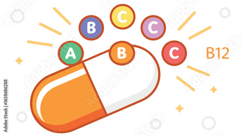 Orange and white capsule with vitamin letters and B12 text