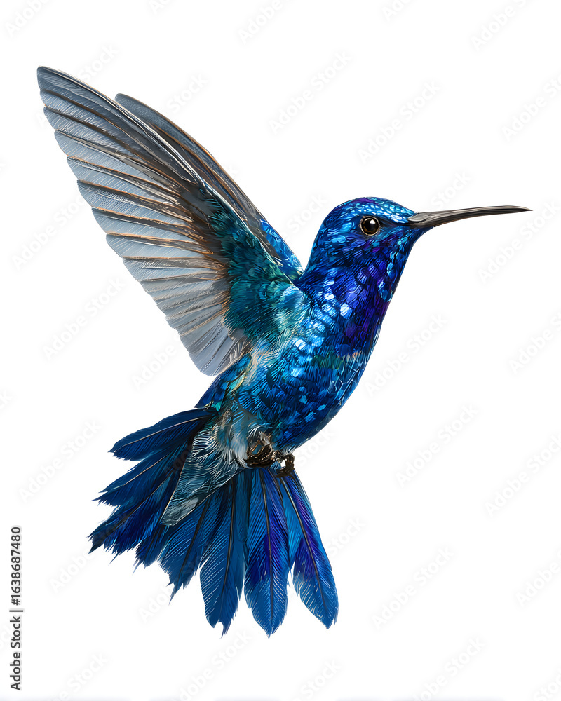 Obraz premium Bright blue hummingbird in mid-flight with iridescent feathers and sharp details, isolated on white background.