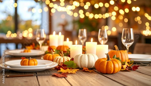Fototapeta Naklejka Na Ścianę i Meble -  A dining tablescape decorated with a fall or Thanksgiving theme, featuring small pumpkins, lit candles, dried leaves, and empty plates ready for the meal.,wedding table setting