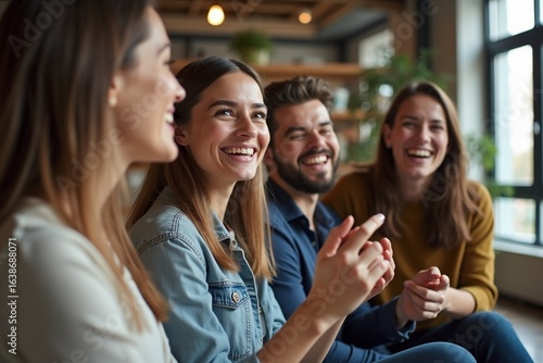 A startup team celebrating a business milestone in a coworking space, cheerful expressions, natural candid moment