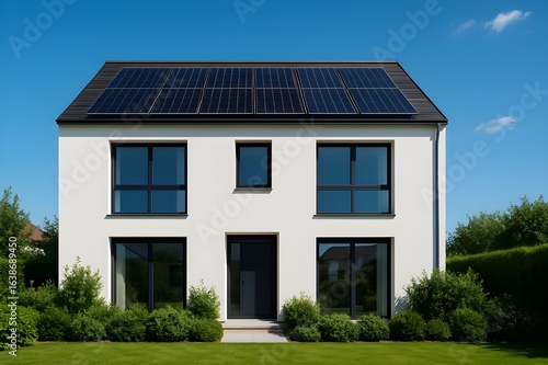 Wallpaper Mural Modern minimalist house with sleek rooftop solar panels under a bright blue sky, showcasing sustainable architecture and clean energy in a sunny environment Torontodigital.ca