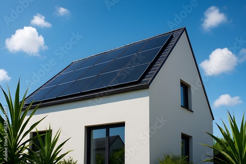 Wallpaper Mural Modern minimalist house with sleek rooftop solar panels under a bright blue sky, showcasing sustainable architecture and clean energy in a sunny environment Torontodigital.ca