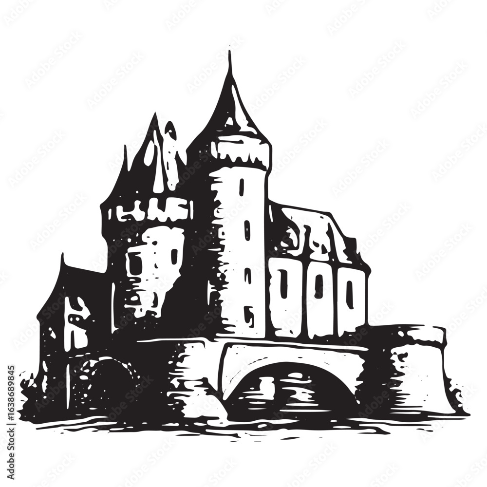 Obraz premium Castle with Square and Round Towers – Medieval Fortress Ink Drawing