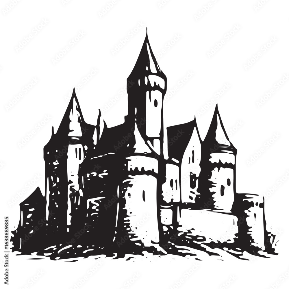 Obraz premium Gothic Style Castle with Tall Spire – Ink Drawing Medieval Fortress