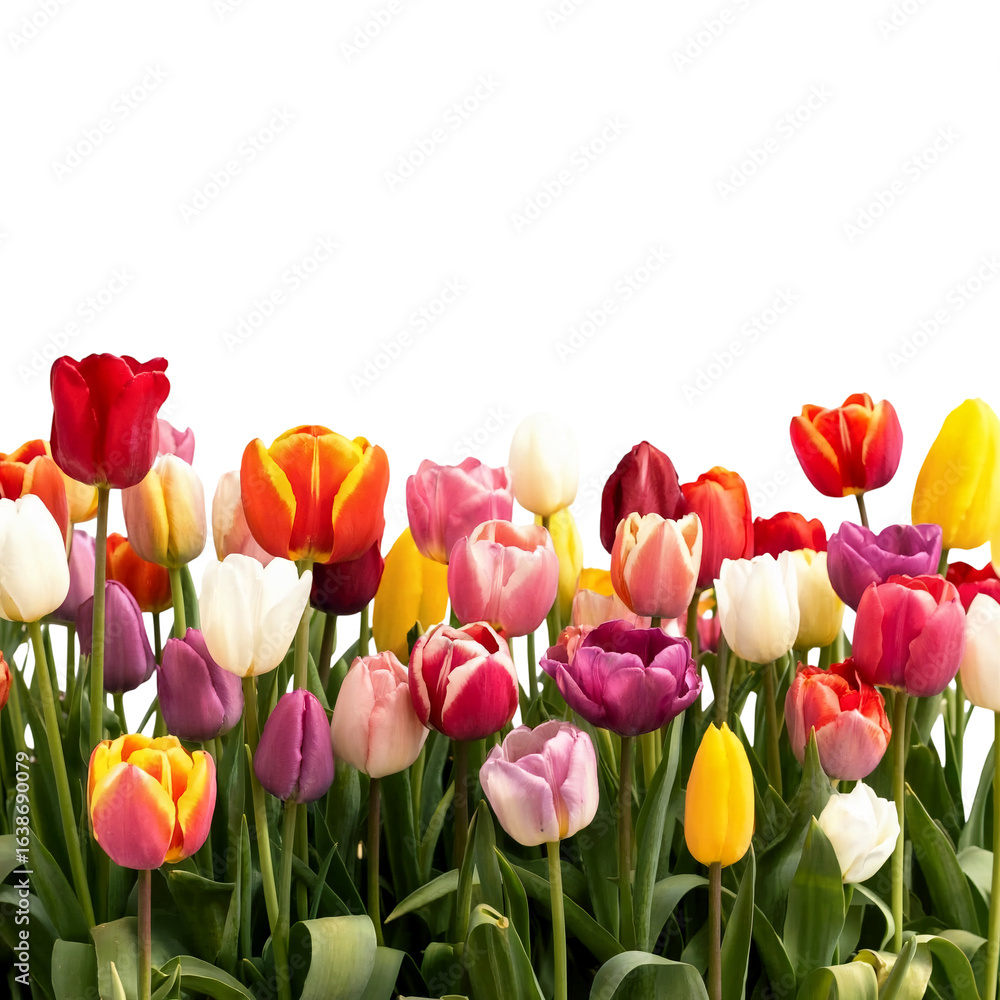 Fototapeta premium Colorful tulips garden blooming in spring season floral arrangement background isolated on transparent background